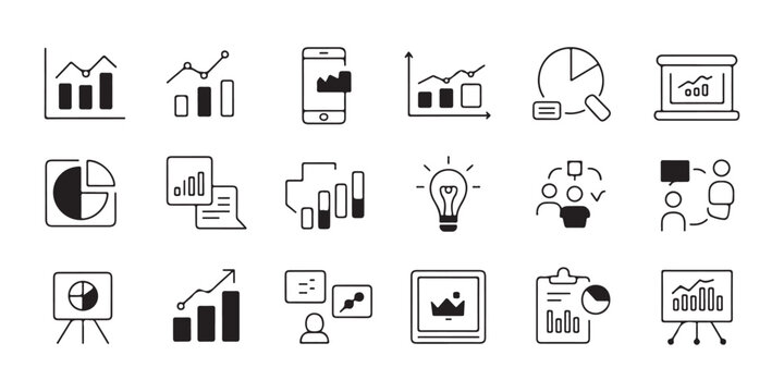 Set of thin line business and data analysis icons featuring simple outlines of charts and office concepts.