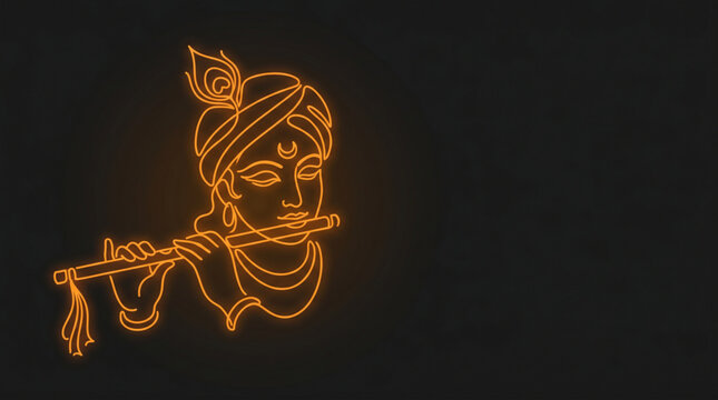 Minimal Lord Krishna Flute Line Art on Dark Background for Janmashtami Spiritual Festival Design