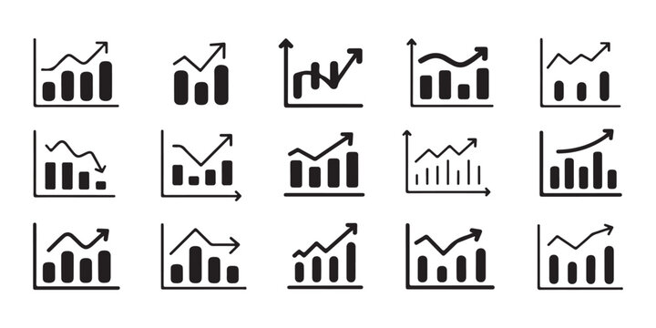 Set of graph and chart icons representing financial data analysis growth and market trends for business reports.