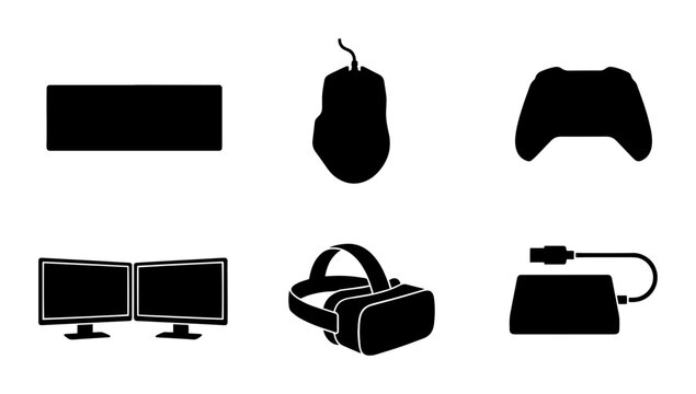 Gaming Technology Icons: VR Headset, Controllers, Monitors, Mouse, Computer Accessories Vector Set