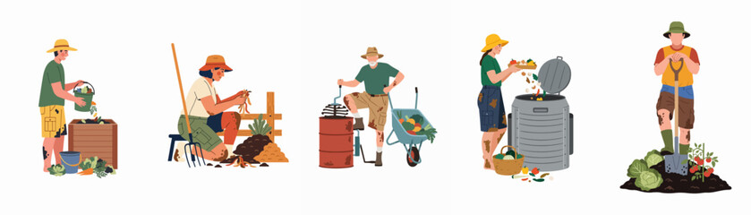 Diverse people composting kitchen waste and gardening, promoting an eco-friendly lifestyle and sustainable organic farming practices. © Isabella