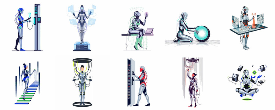 Futuristic collection of AI female robots and androids interacting with advanced technology, servers, data, and holographic interfaces in various sci-fi scenes.