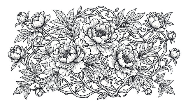 Intricate peony floral arrangement with swirling vines.