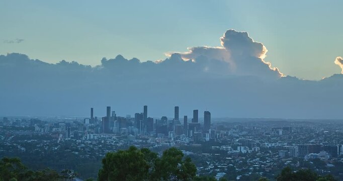 4K locked off stationary sunrise with cloud cover Time Lapse view of Brisbane CBD view from the observation point of Mount Coot-tha, Brisbane, Queensland, Australia