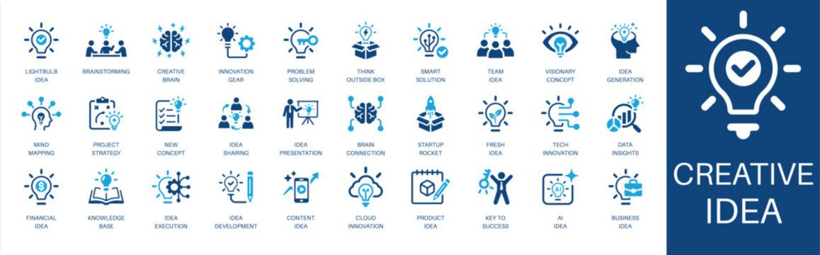 Creative idea and innovation solid icon set. Featuring brainstorming, problem solving, business idea, ai idea, and idea generation. Editable vector glyphs for corporate planning and growth.