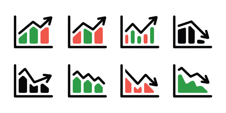 Mixed bar charts showing growth and decline with color variations, finance vector icons.