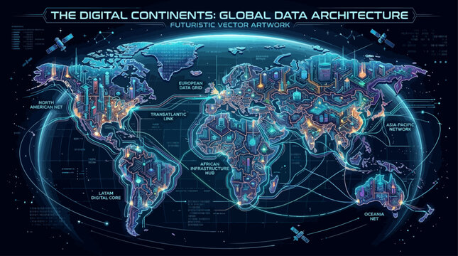 Futuristic Global Data Architecture Map Representing Interconnected Digital Networks and World Communication Infrastructure