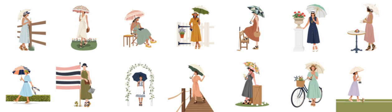 Set of flat vector illustrations featuring diverse women in summer dresses holding parasols and enjoying outdoor leisure activities in various settings.