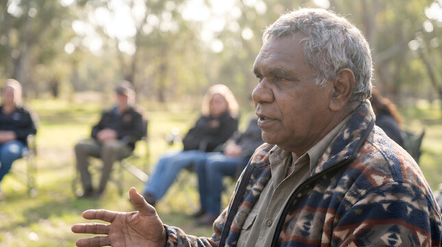 Close-up Indigenous Elder Speaking During Community Gathering Respect Concept Banner