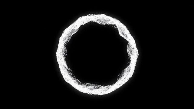 A ring of white particles encircles a dark void, with scattered dots in a black background. Suggests energy, mystery, and depth