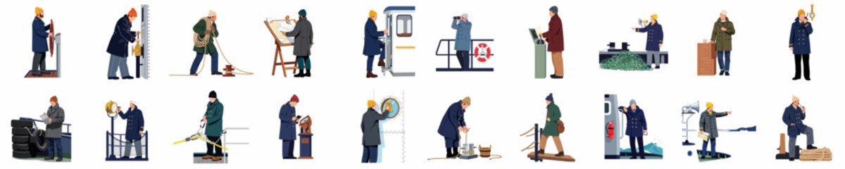 Set of maritime characters and ship crew illustrations depicting various nautical tasks and duties in a flat vector style. © Juan