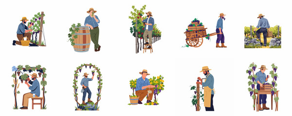 Naklejka premium Comprehensive set of illustrations featuring vineyard workers and farmers harvesting grapes, tending to vines, and managing wine production processes in a classic style.