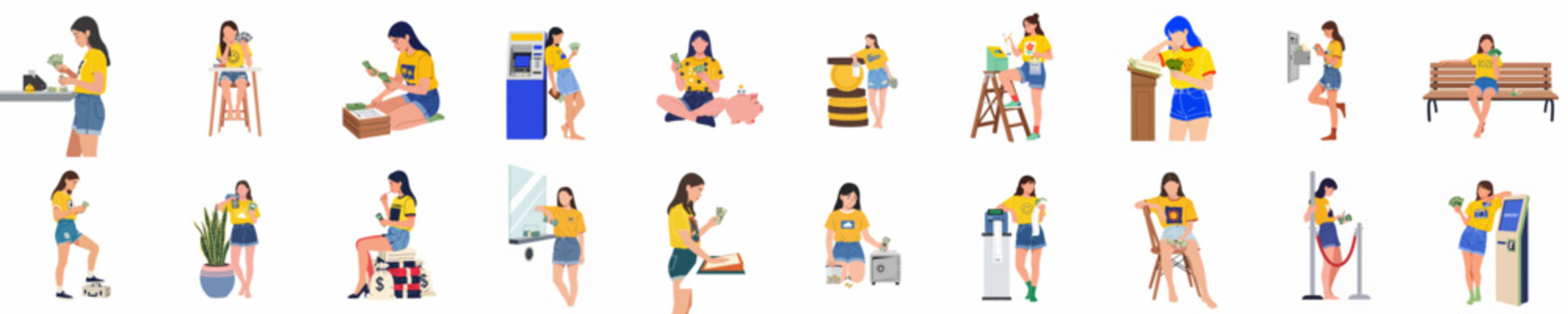 Set of flat vector illustrations of a young woman managing her personal finances, counting cash, using ATMs, and saving money in different scenarios.