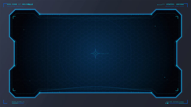 Futuristic blue sci fi interface frame with hexagon grid