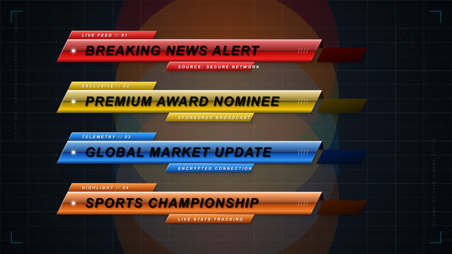 Futuristic lower third news banner set on dark grid background