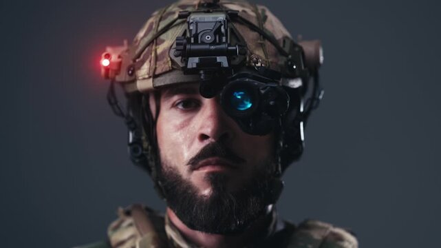 Male fighter in contemporary combat gear with tactical helmet and night vision device, showcasing focused expression and advanced technology in a neutral background setting