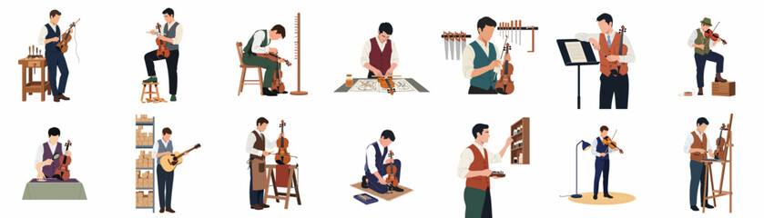 Set of flat vector illustrations showing luthiers and craftsmen working on, repairing, and playing violins and guitars in various workshop environments. © Ricardo