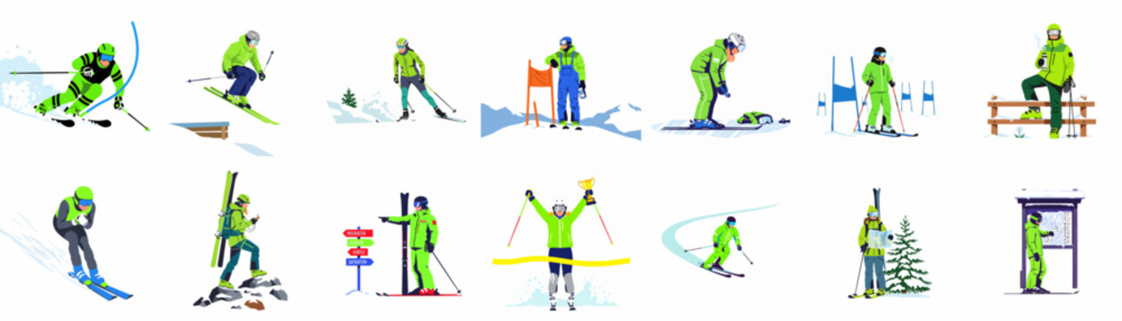 Collection of flat vector illustrations depicting various skiing activities, including racing, jumping, hiking, and relaxing at a winter resort in green and blue gear.