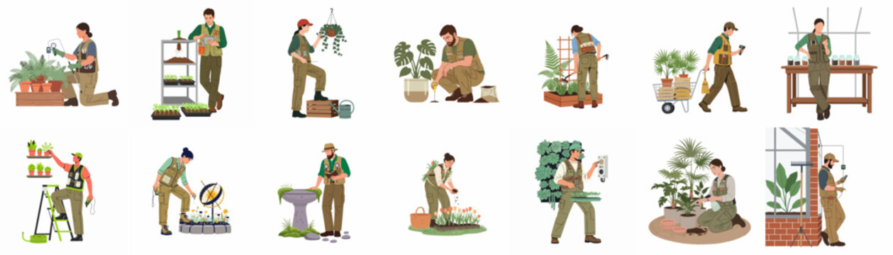 Set of professional gardeners and botanists using smart technology for plant care, cultivation, and research in greenhouses and gardens.