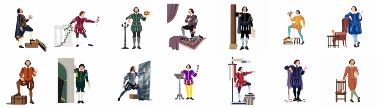 Collection of flat vector illustrations of William Shakespeare in various theatrical poses and characters inspired by his famous plays and Elizabethan era.