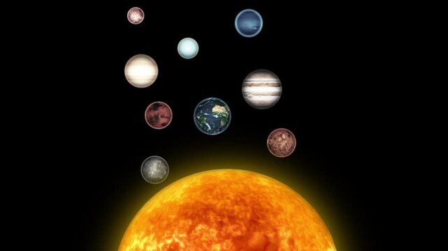 Solar system planets orbiting the sun on black background animation