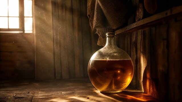 Sunlight through a barn window illuminating a glass demijohn with amber liquid.