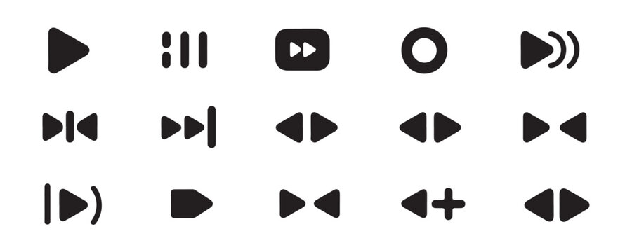 Set of black media player icons on transparent background, including play, pause, fast forward and rewind symbols.