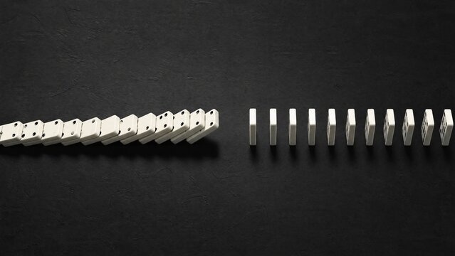Chain of dominoes with one missing piece, halting the cascade from above.
