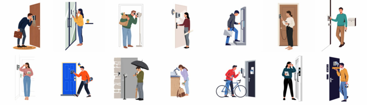 Diverse people using biometric and smart security systems like facial recognition and retinal scanners for home and office access, flat vector illustrations.