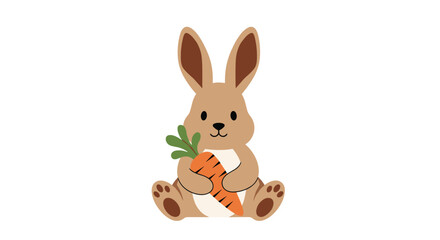 Obraz premium Adorable brown rabbit character sitting and holding a large orange carrot with green leaves against a white background.