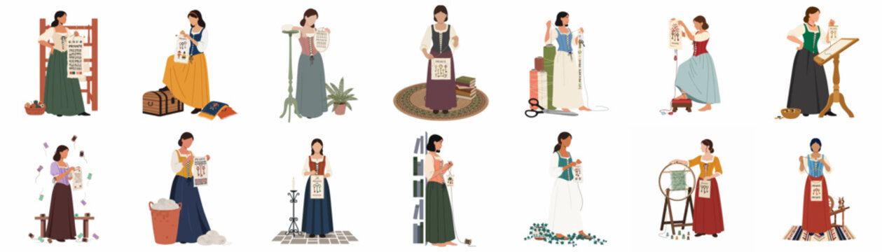 Collection of medieval women engaged in textile crafts like weaving, embroidery, and spinning, wearing traditional renaissance attire in flat vector style.