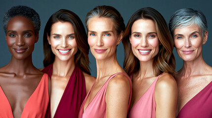 Fototapeta premium Diverse women of different ages smiling confidently together representing healthy aging natural beauty inclusivity skincare wellness and female empowerment