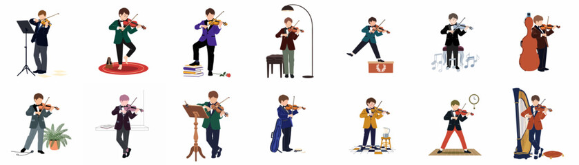 A collection of illustrations featuring young boys in formal suits playing the violin in various poses and settings, isolated on white background. © Ricardo