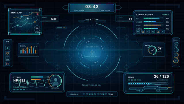 Futuristic sci fi game interface dashboard with HUD elements