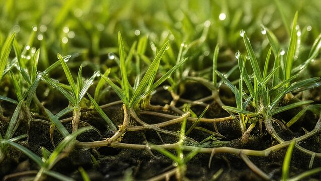 Lush green lawn with stolon network connecting grass clusters, morning dew.