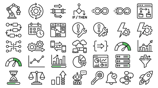 Automation and workflow optimization icons set, 35 thin line vector symbols for business process management, industrial robotics and data analytics