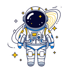 Obraz premium Cartoon Astronaut Floating in Space with Stars and Planets
