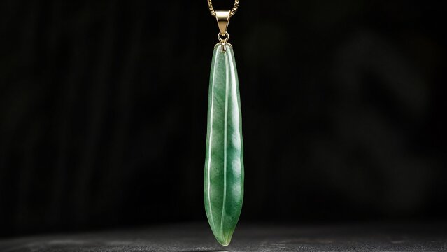 A slender green jade pendant shaped like a silique on a dark background.