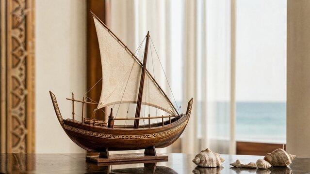 Wooden dhow model on polished surface with coastal light and seashell accents.