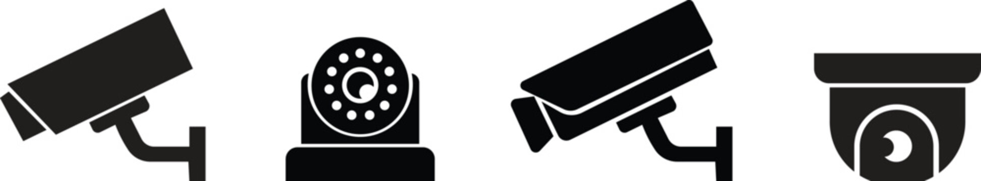 Security camera icons set in black flat style. CCTV surveillance camera silhouette on a wall mount for property protection, safety UI and monitoring systems vectors isolated on transparent background.