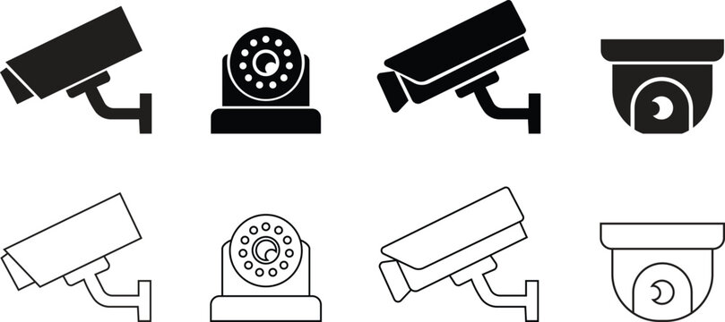 Security camera icons set in flat, line style. CCTV surveillance camera silhouette on a wall mount for property protection, safety UI and monitoring systems vectors isolated on transparent background.