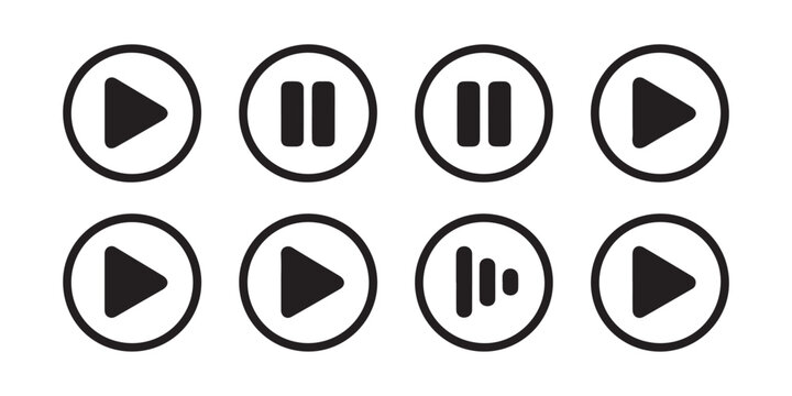 Set of play and pause circular button icons for multimedia interface design isolated on transparent background.
