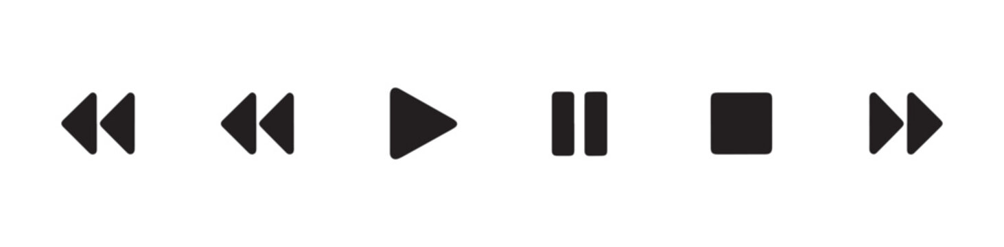 Minimalist black media playback buttons set with back forward play pause stop and skip icons on transparent background.