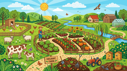 Vibrant Organic Farm Landscape with Farmer, Animals, Crops, and Sunny Sky © Kibul