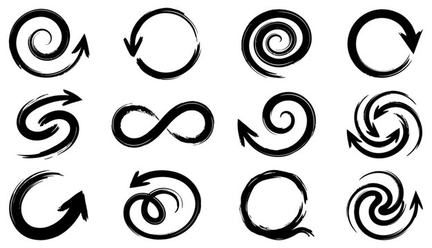 Circular arrow brush strokes collection rotation cycle and infinity symbols