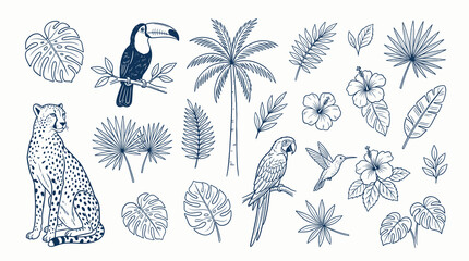Vintage tropical jungle vector set, hand drawn exotic animals and palm leaves, navy blue botanical illustrations of cheetah and birds © DesignAura
