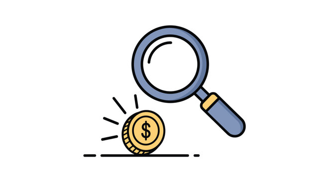 Financial audit and analysis concept with a magnifying glass examining a gold dollar coin on a white background with line art style.