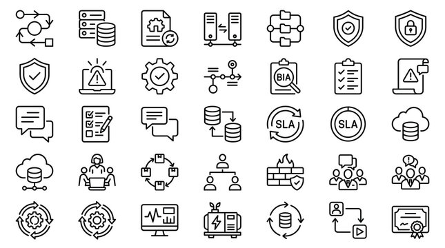 Business continuity and disaster recovery line icons, 35 IT service level agreement symbols, data security and risk management vector set