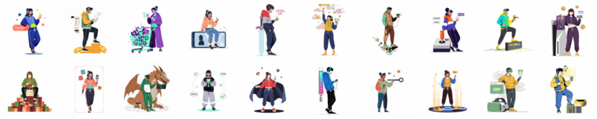 A collection of 20 flat illustrations featuring young gamers engaging in virtual reality, in-game purchases, loot boxes, and digital currency transactions. © Juan