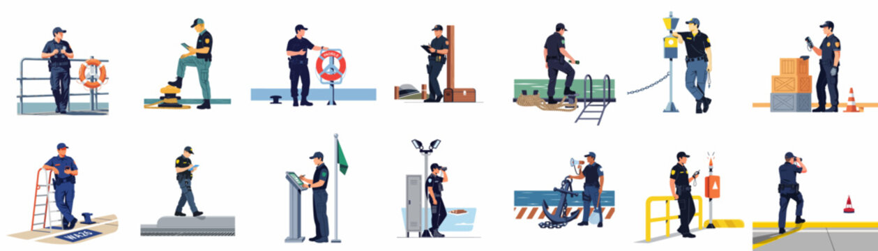 Set of flat vector illustrations depicting maritime security and coast guard officers performing various surveillance and inspection duties at sea and in ports.